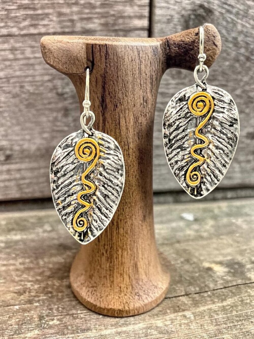 Antique Silver Leaf Drop Earrings with Gold Swirl - Picture 3 of 6